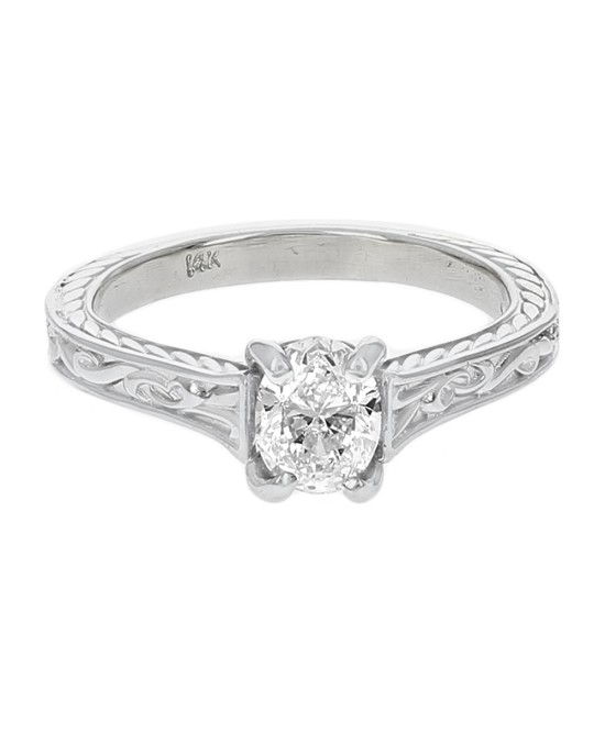 Oval Diamond Solitaire Etched Engagement Ring